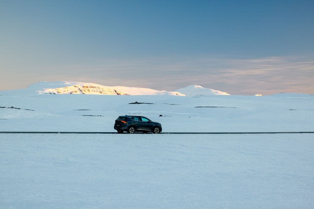 Iceland road winter 4x4 Rental car in Iceland winter driving.