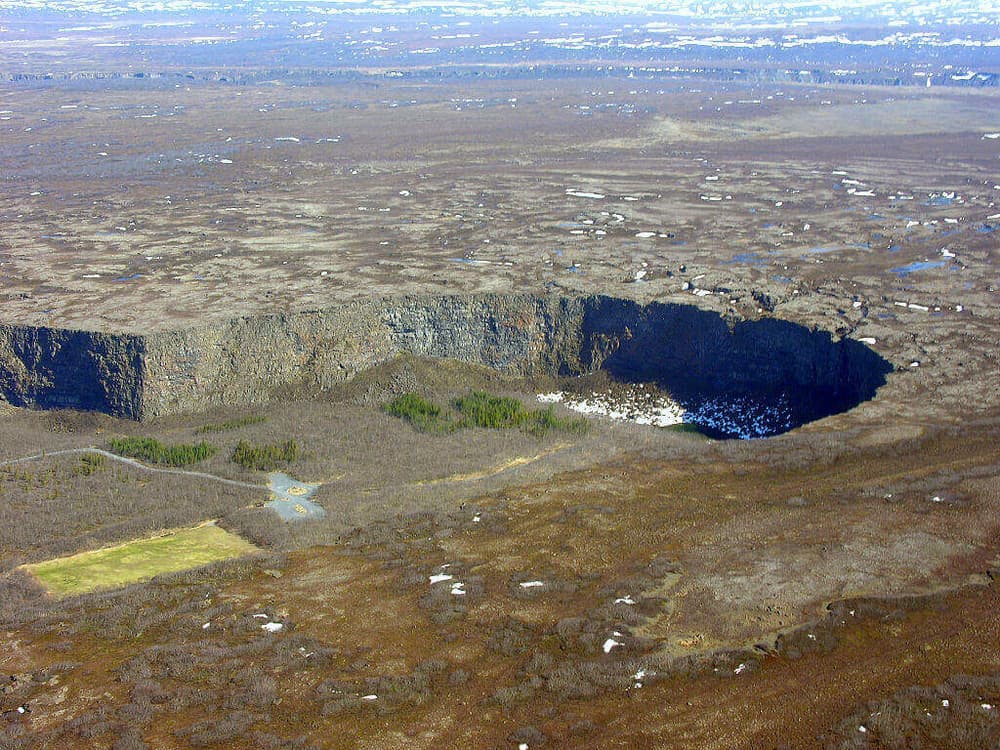 Air view of Asbyrgi canyon in north Iceland.