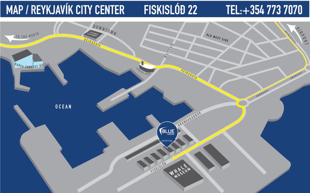 Map of Blue Car Rental office in Reykjavík