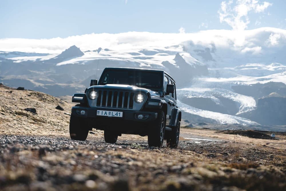 Jeep Rubicon rental car at vatnajokull glacier in iceland