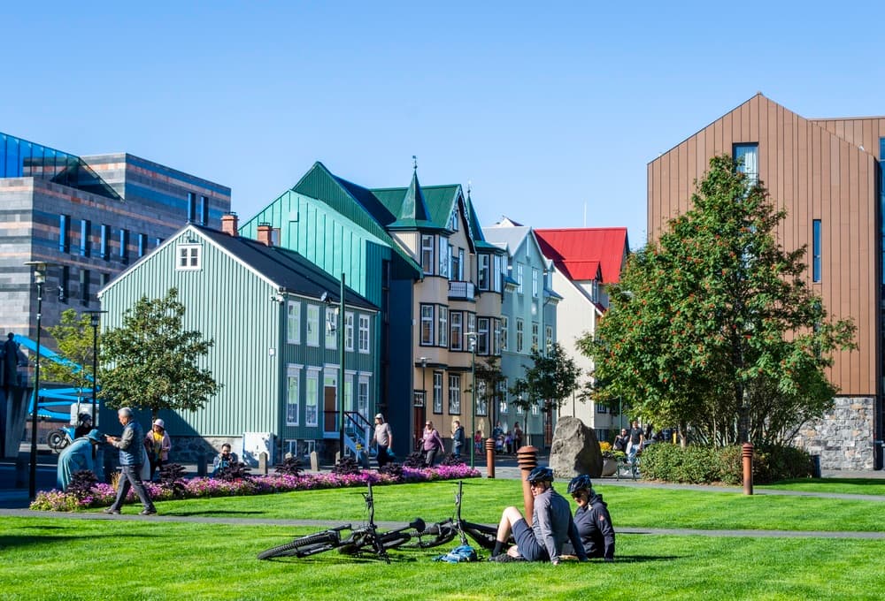 Reykjavik in summer. Austurvollur in downtown Reykjavik in summer.