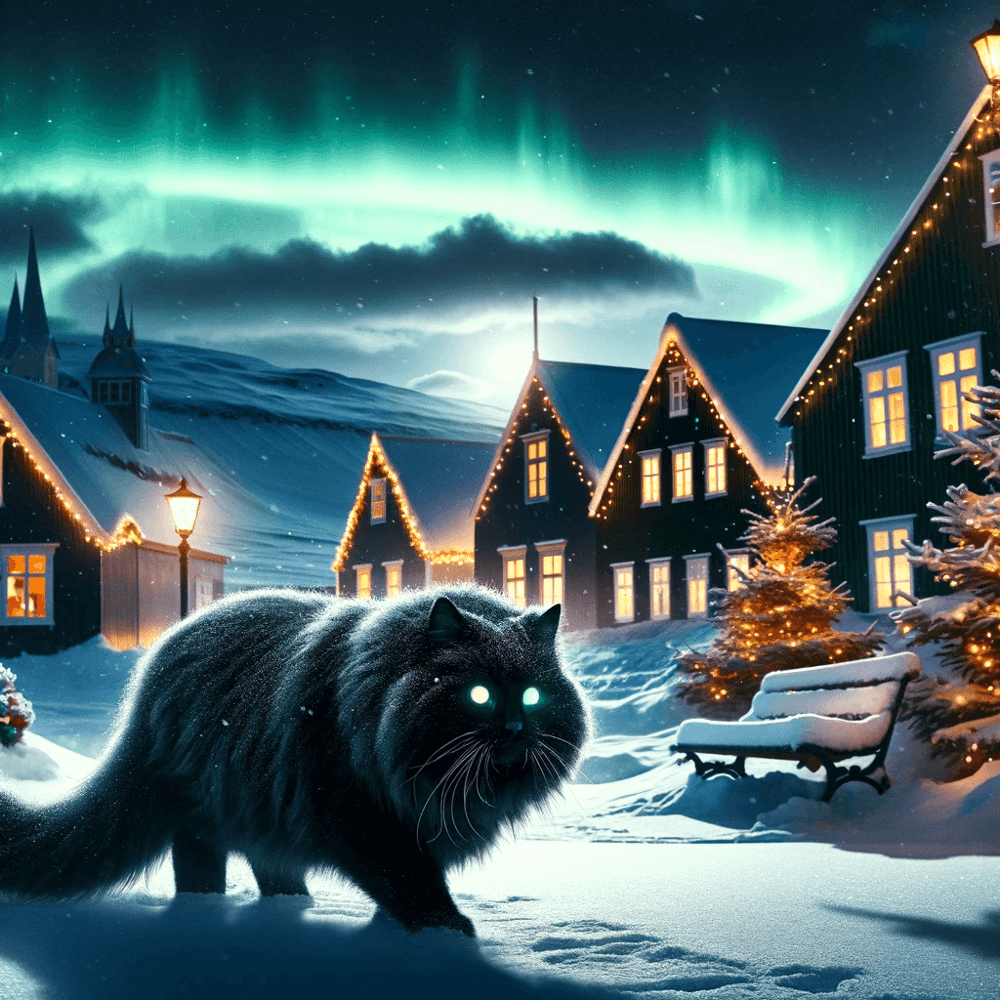 El Gato de Yule (Jólakötturinn) en Islandia bajo la aurora boreal.
