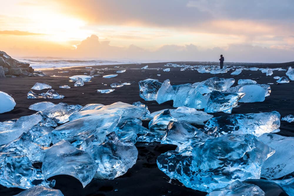 Black sand and ice on Diamond beach in Iceland.
