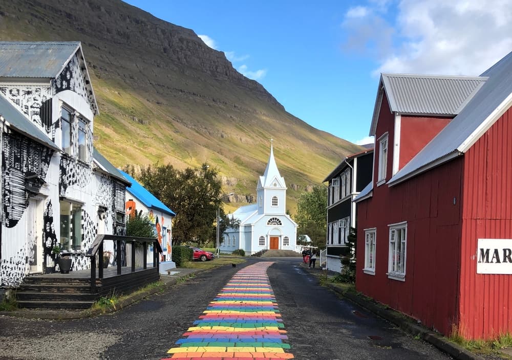 Rainbow street in Seyðisfjörður