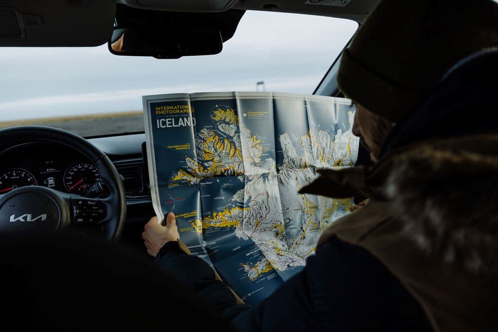 Iceland road map. Map of iceland inside a rental car.