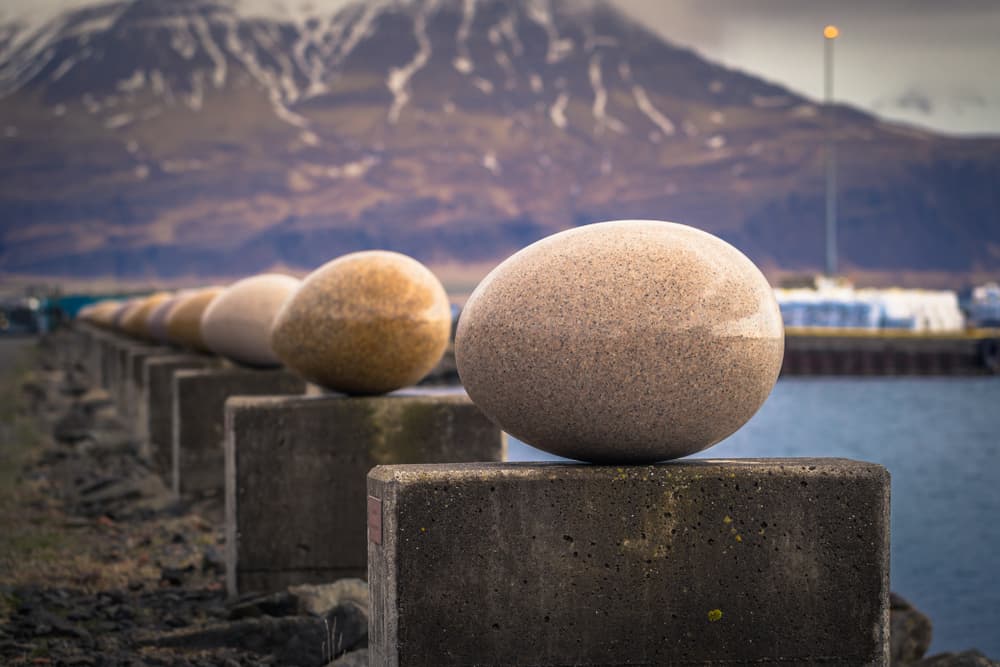 Egg statues in the harbor of Djupivogur in east Iceland.