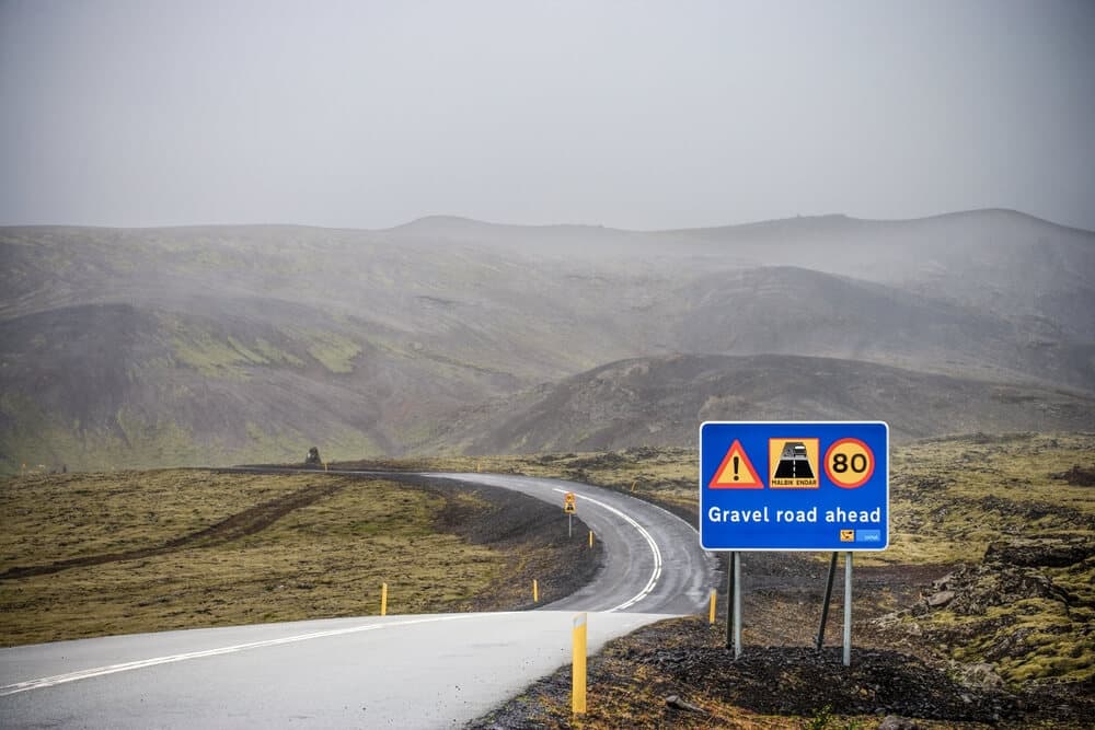 Iceland gravel road sign Gravel road sign in Iceland.