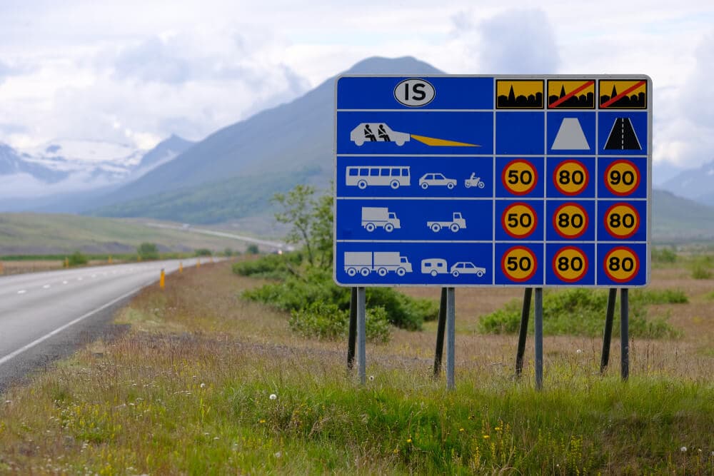 Iceland road sign speed. Road sign with speed limits in Iceland.