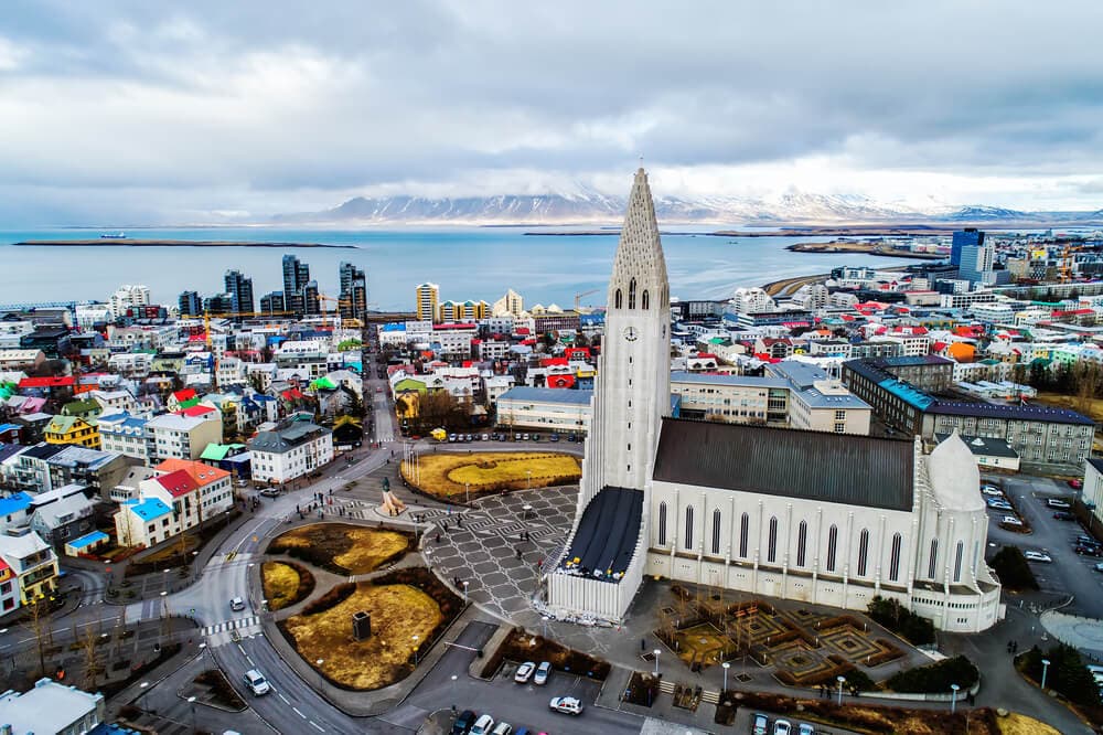 Overview of Reykjavik with Hallgrimskirkja in centre.