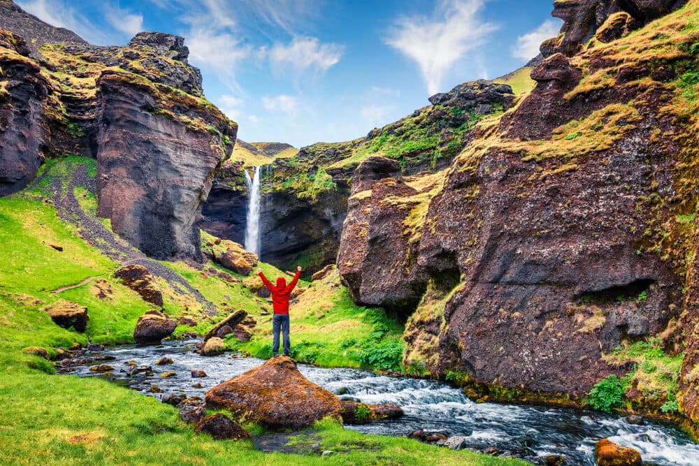 Kvernufoss water in Iceland on a sunny summer day.