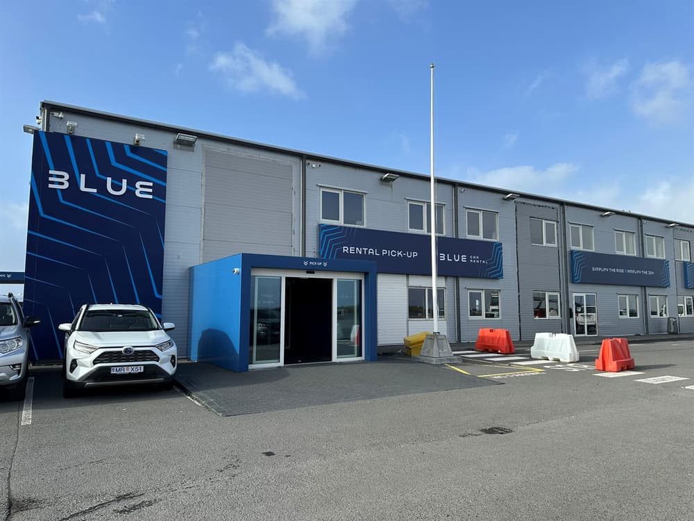 Outside view of Blue Car Rental main office at Keflavik airport.