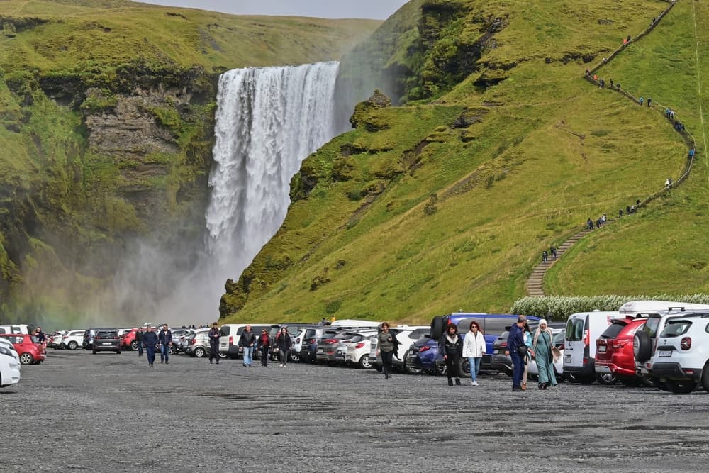Skogafoss parking lot. Parking area of Skogafoss waterfall in Iceland.