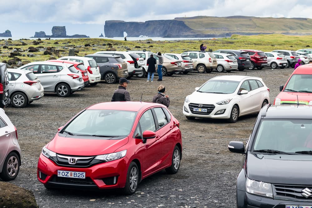Reynisfjara parking. Reynisfjara parking area on Iceland's south coast with Dyrhólaey in the back.