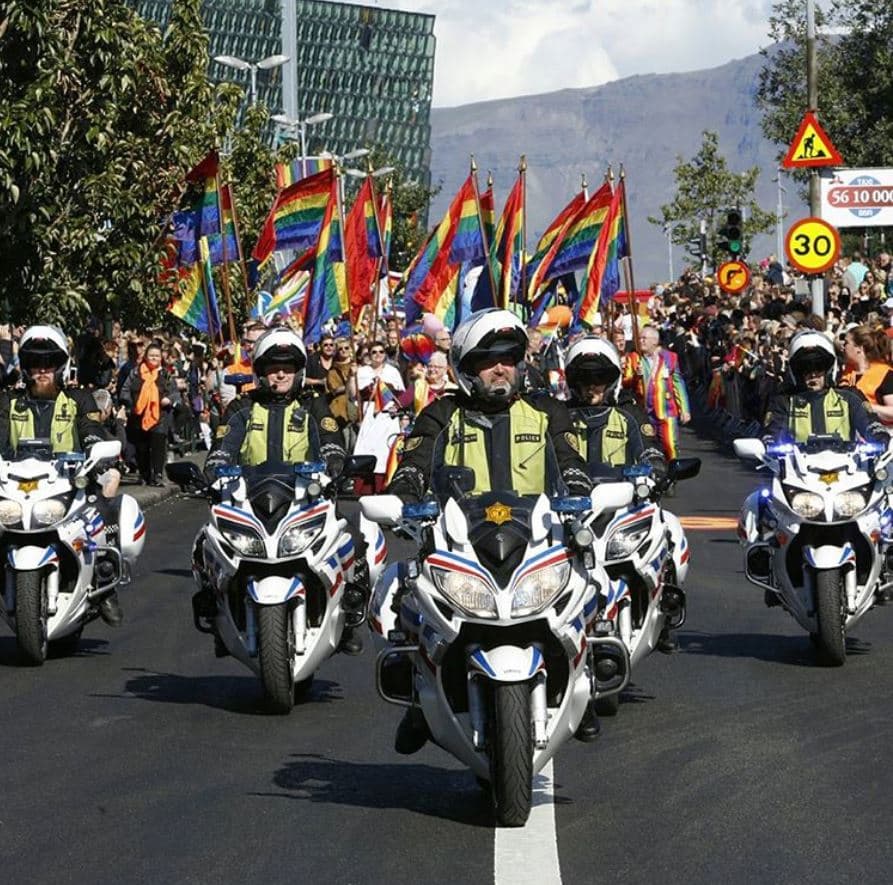 Police motorcycles leading a parade icelandic cops on gay pride in Iceland