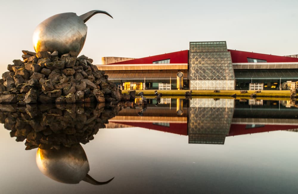 A iron egg art sculpture in front of Kef airport terminal.  