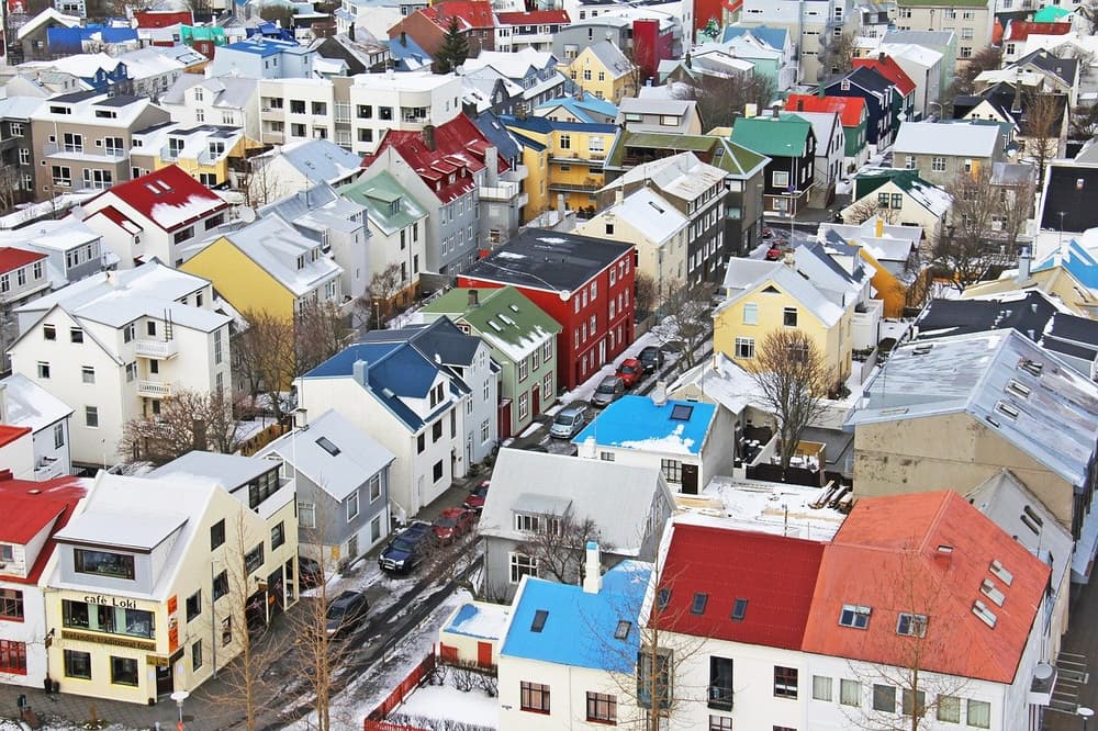 Reykjavik rooftops under snow. Snow dusted rooftops in a dense residential block of Reykjavik