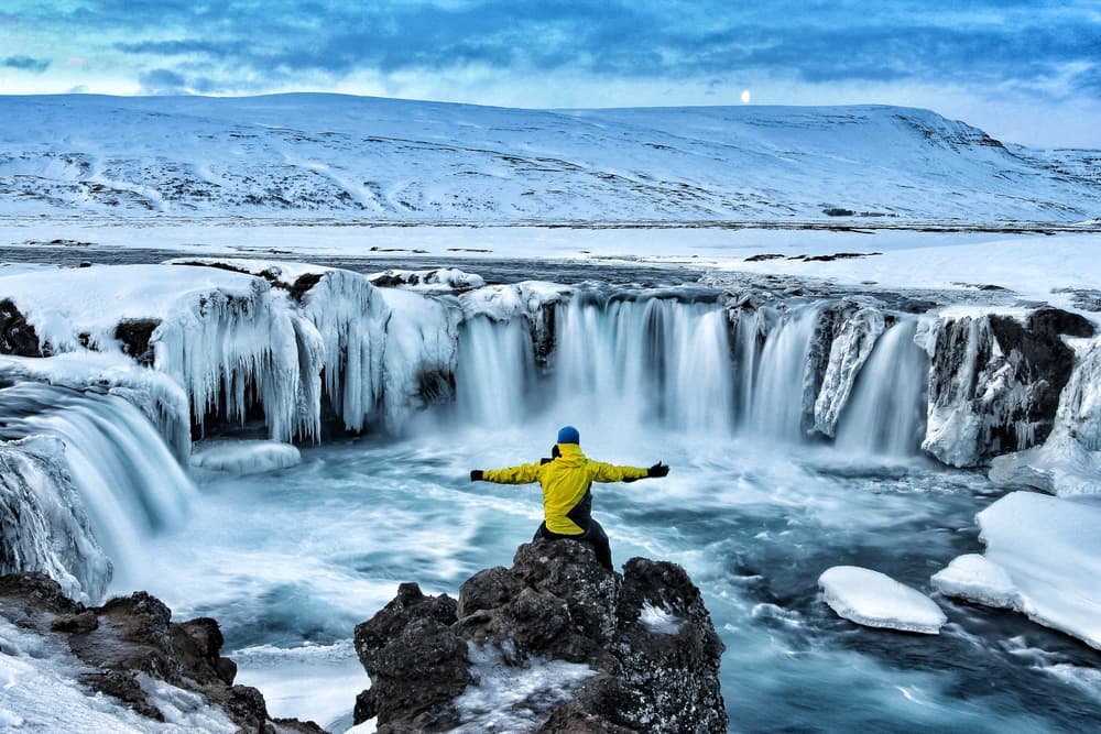 Godafoss waterfall in winter.