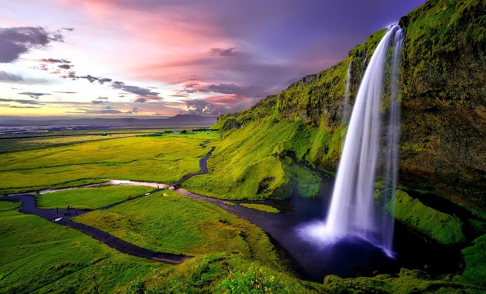 Seljalandsfoss waterfall on Iceland's south coast in summer.