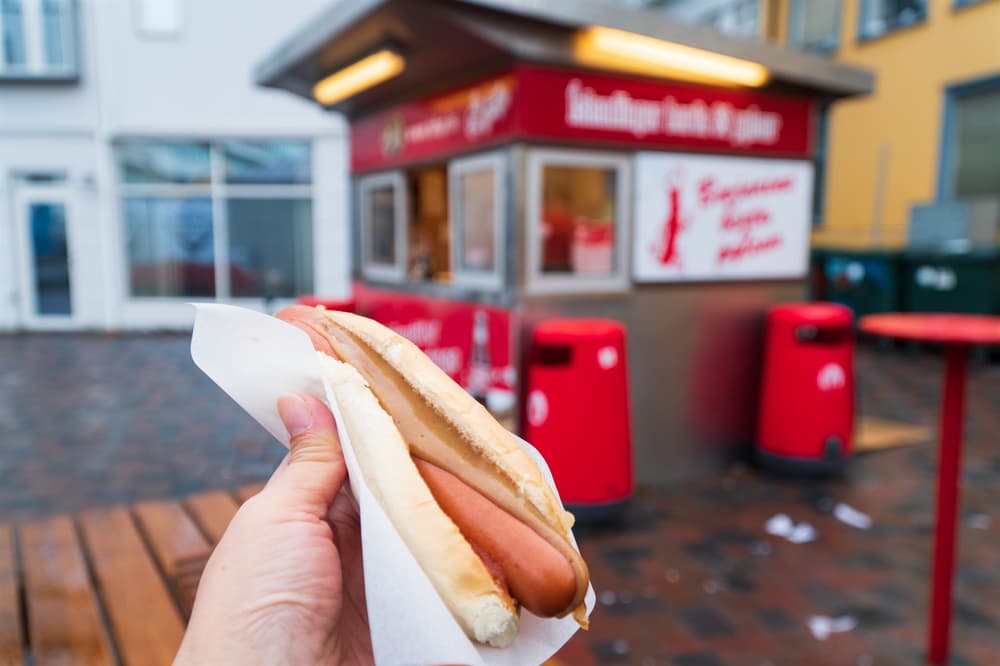 One with everything outside a hotdog stand in down town Reykjavik.
