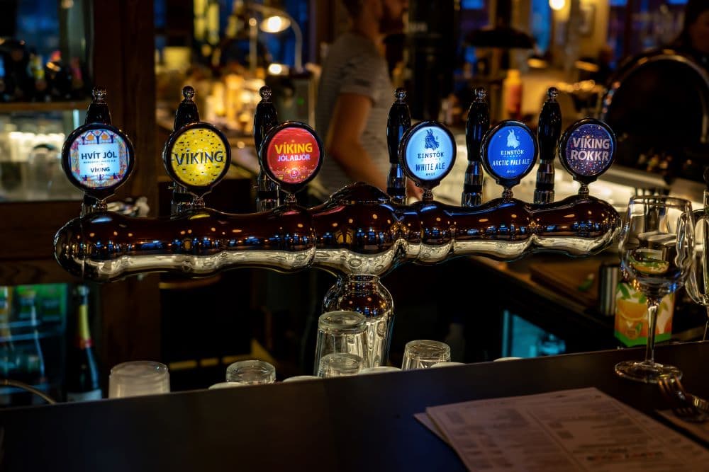 Christmas beers in Iceland on draft in a bar in Reykjavik.