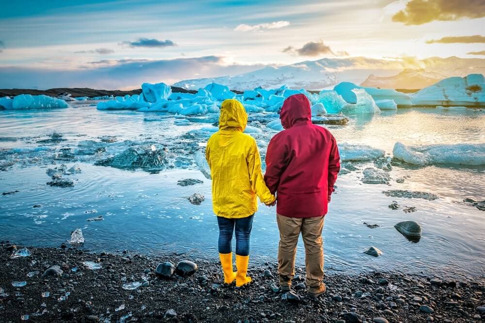 sunset at jokulsarlon, glacier lagoon in iceland.