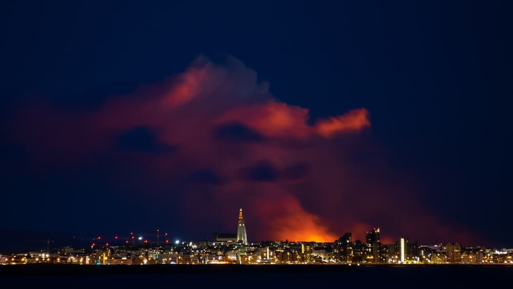 Reykjavik volcano glow iceland Volcanic eruption and Reykjavik city in Iceland