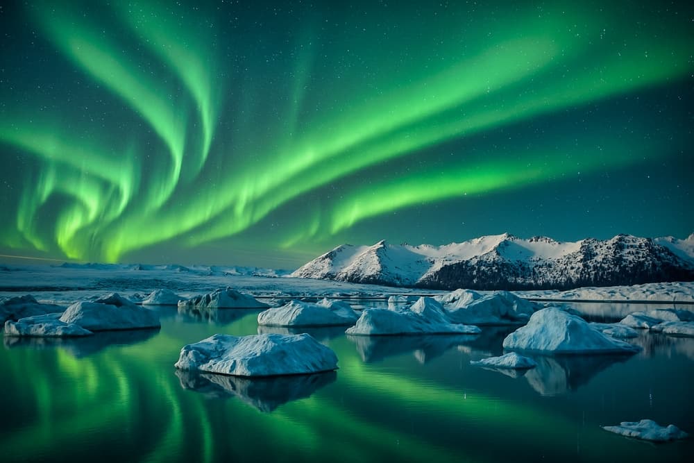 Auroras boreales en Islandia. Aurora boreal sobre un glaciar en Islandia durante el invierno.