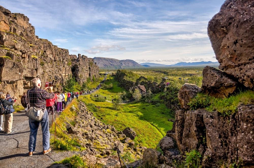 Almannagja gore, Thingvellir National Park. People walking in Almannagjá gorge at thingvellir national park.