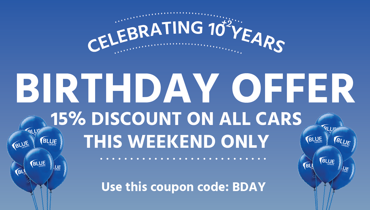 Blue car rental offer birthday discount.