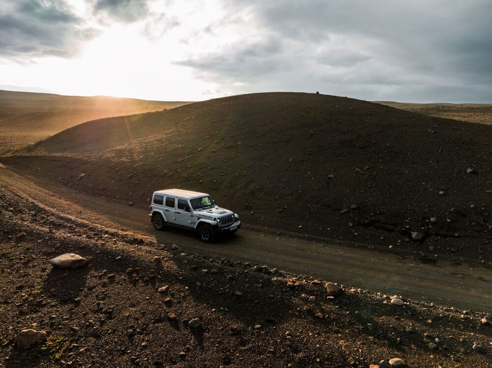 Higland road in July. 4x4 driving on an F-road in Iceland's highland.