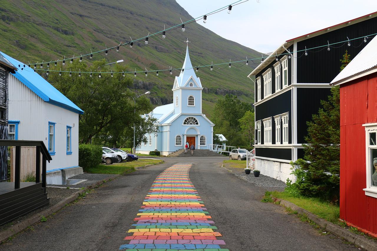 blue church in Seyðisfjörður