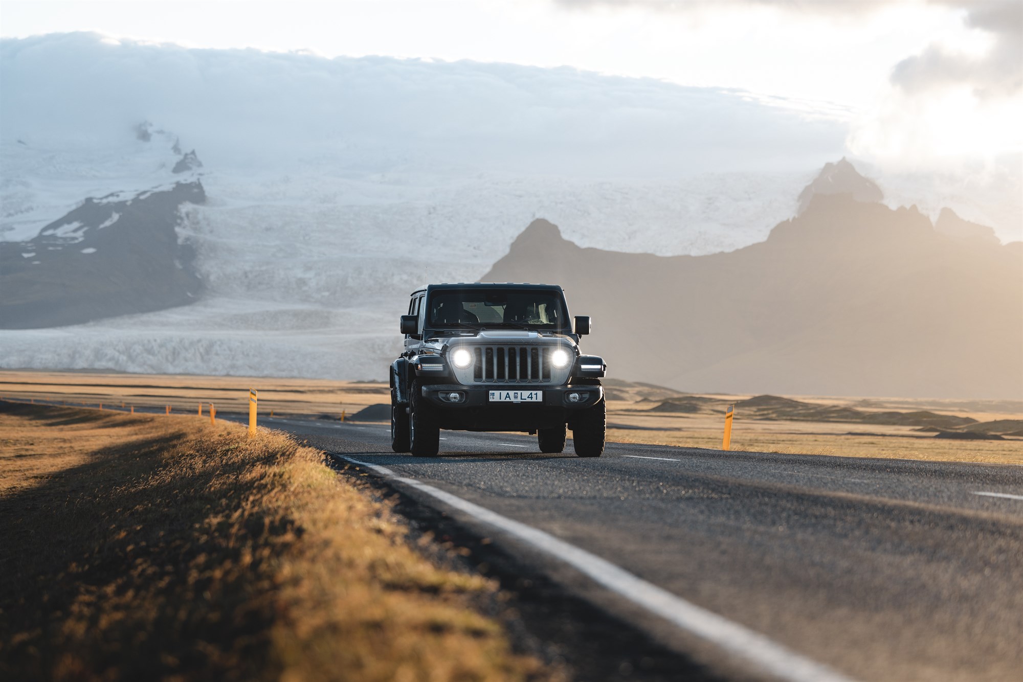 Driving past glacier in Vatnajökull national park in Iceland.