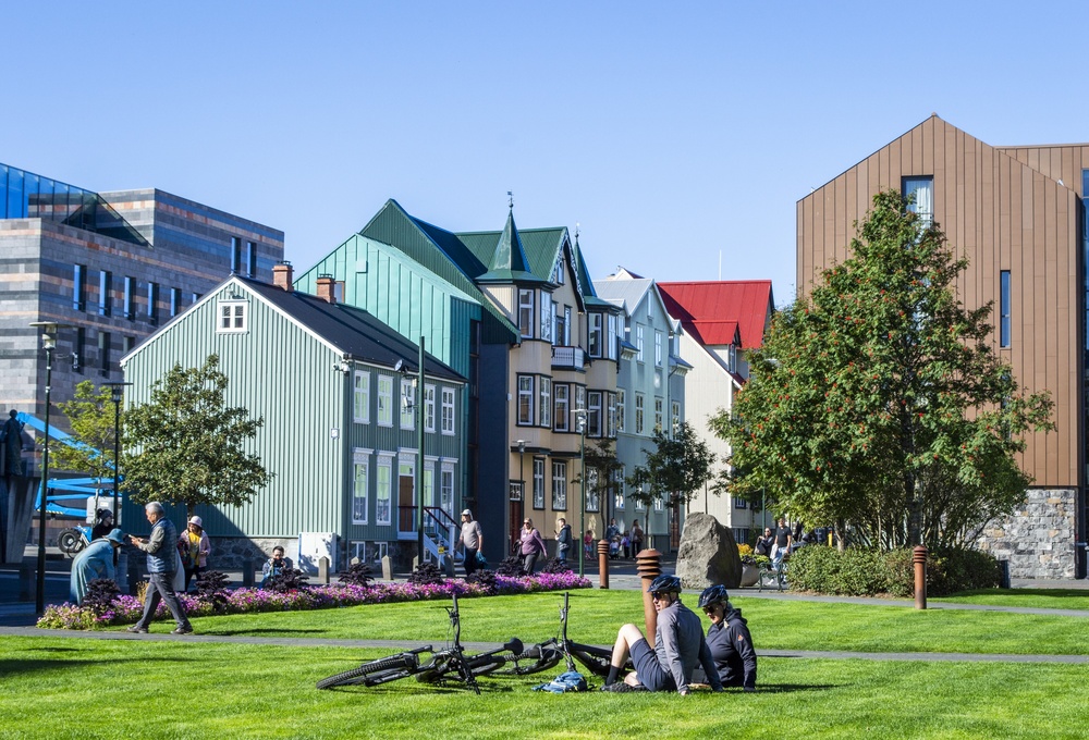 Reykjavik in summer. Austurvollur in downtown Reykjavik in summer.