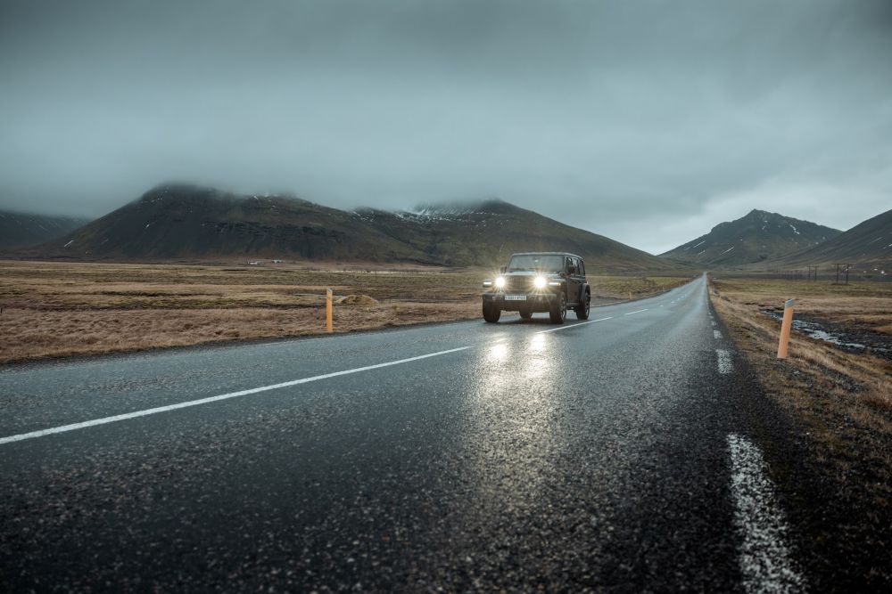 Rental car on the road in Iceland. Rental car from Blue Car Rental on the road in Iceland.