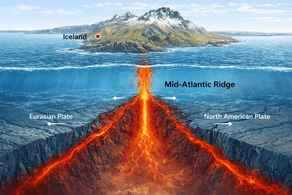 La dorsale médio-atlantique traversant l’océan Atlantique et l’Islande