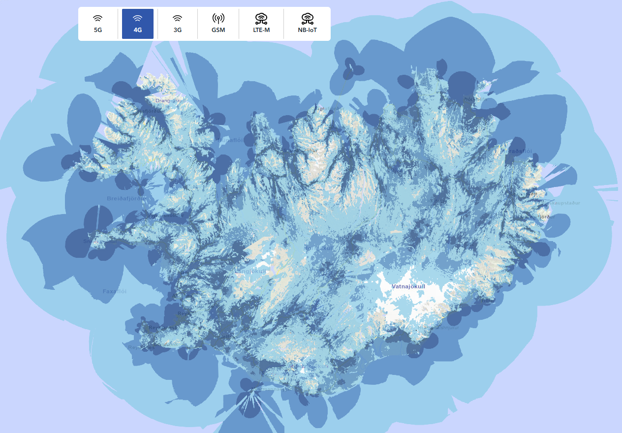 A map of Iceland showing 4G mobile coverage in blue from Siminn.