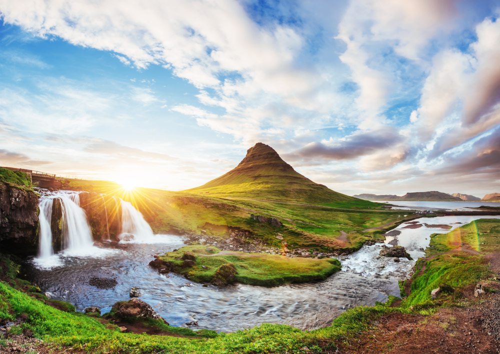 Snæfellsnes midnight sun. Kirkjufell mountain at Snæfellsnes peninsula under the midnight sun in Iceland.