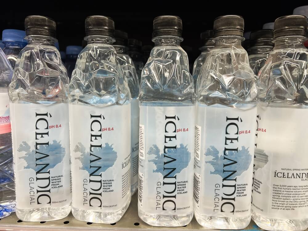 Icelandic water in bottles in a store in Iceland.
