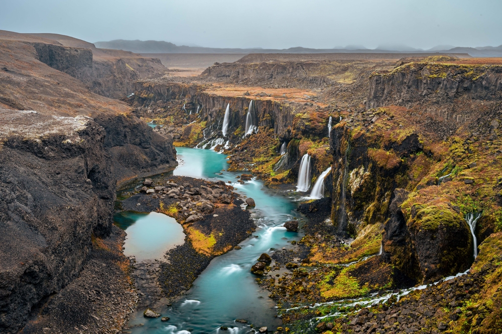 Sigöldugljúfur canyon. River flowing and waterfalls pouring into the canyon of Sigöldugljúfur.