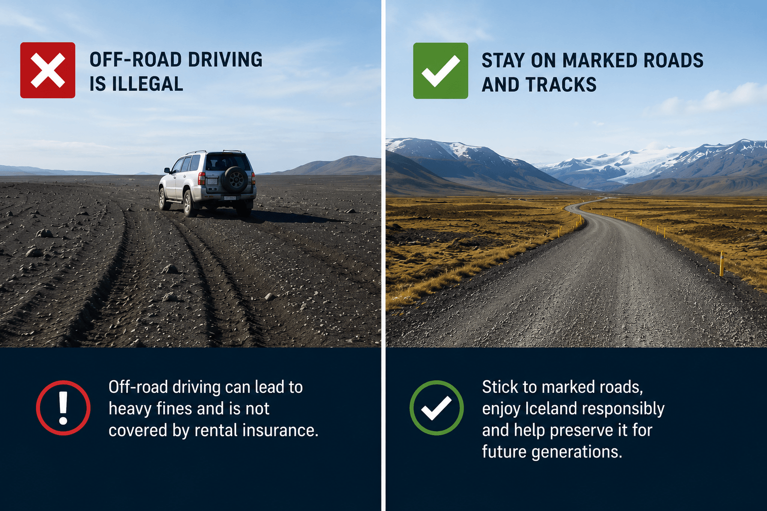 Off-Road Driving Is Illegal in Iceland Two-panel safety image showing illegal off-road driving in Iceland on the left and a marked gravel road on the right, warning drivers to stay on marked roads and tracks to protect Icelandic nature.