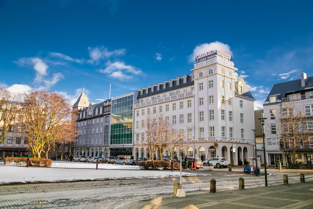 Austurvollur plaza, city centre. Hotel Borg at Austurvollur plaza in Reykjavik City centre.