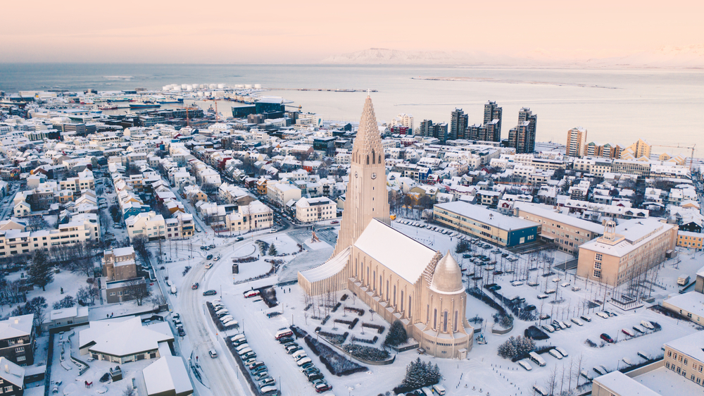 Hallgrímskirkja seen from an airplane flying over Reykjavik.