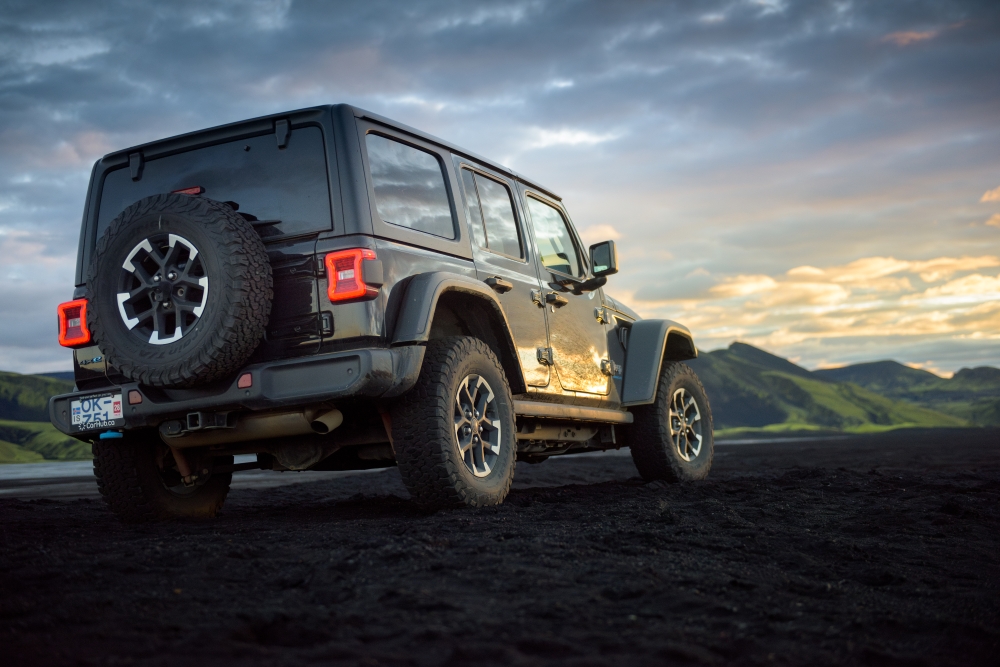 Jeep Rubicon 4x4 rental car in Iceland highland.