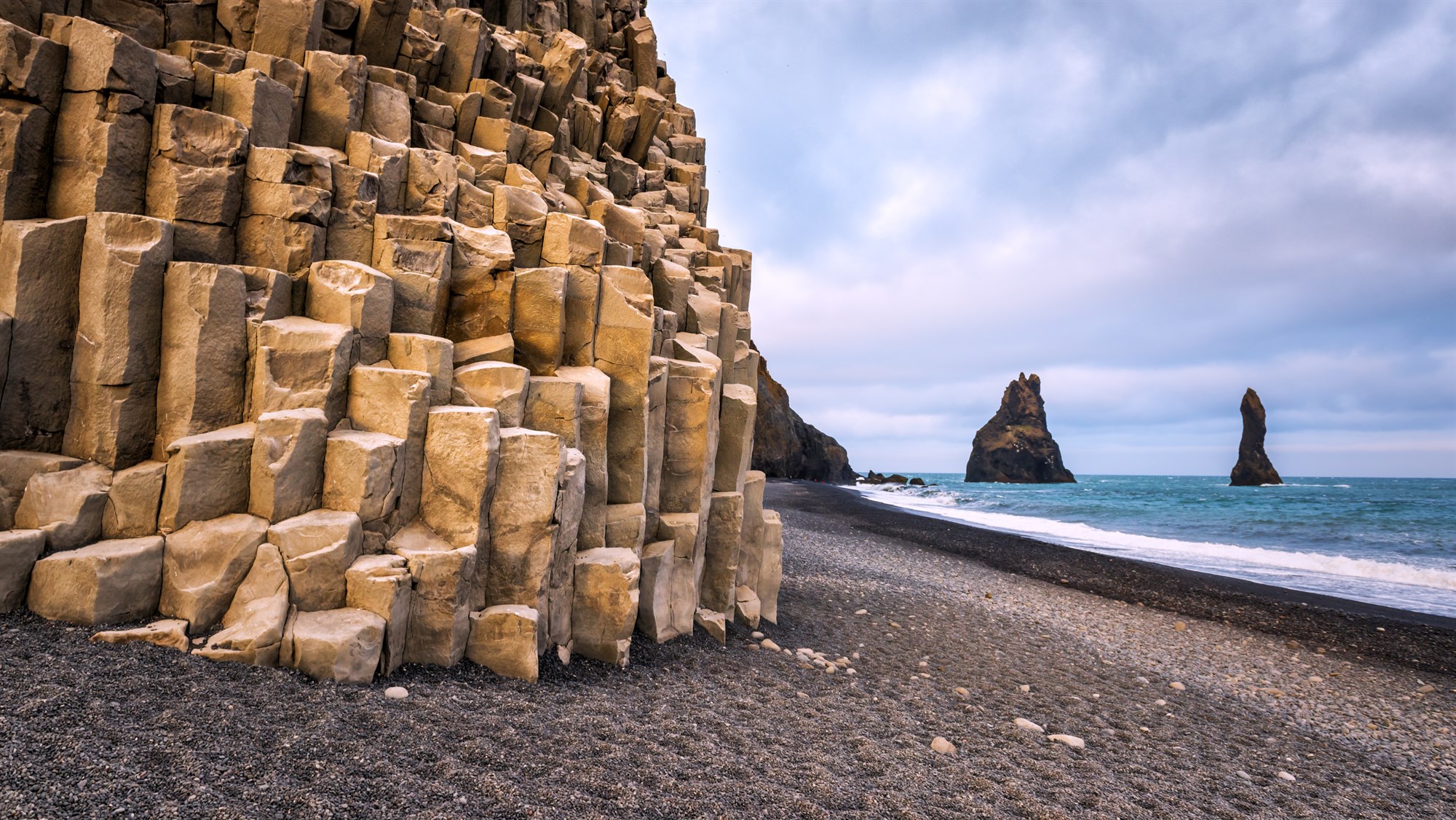 Pillar rocks at Reynisfjara Beach, Iceland.