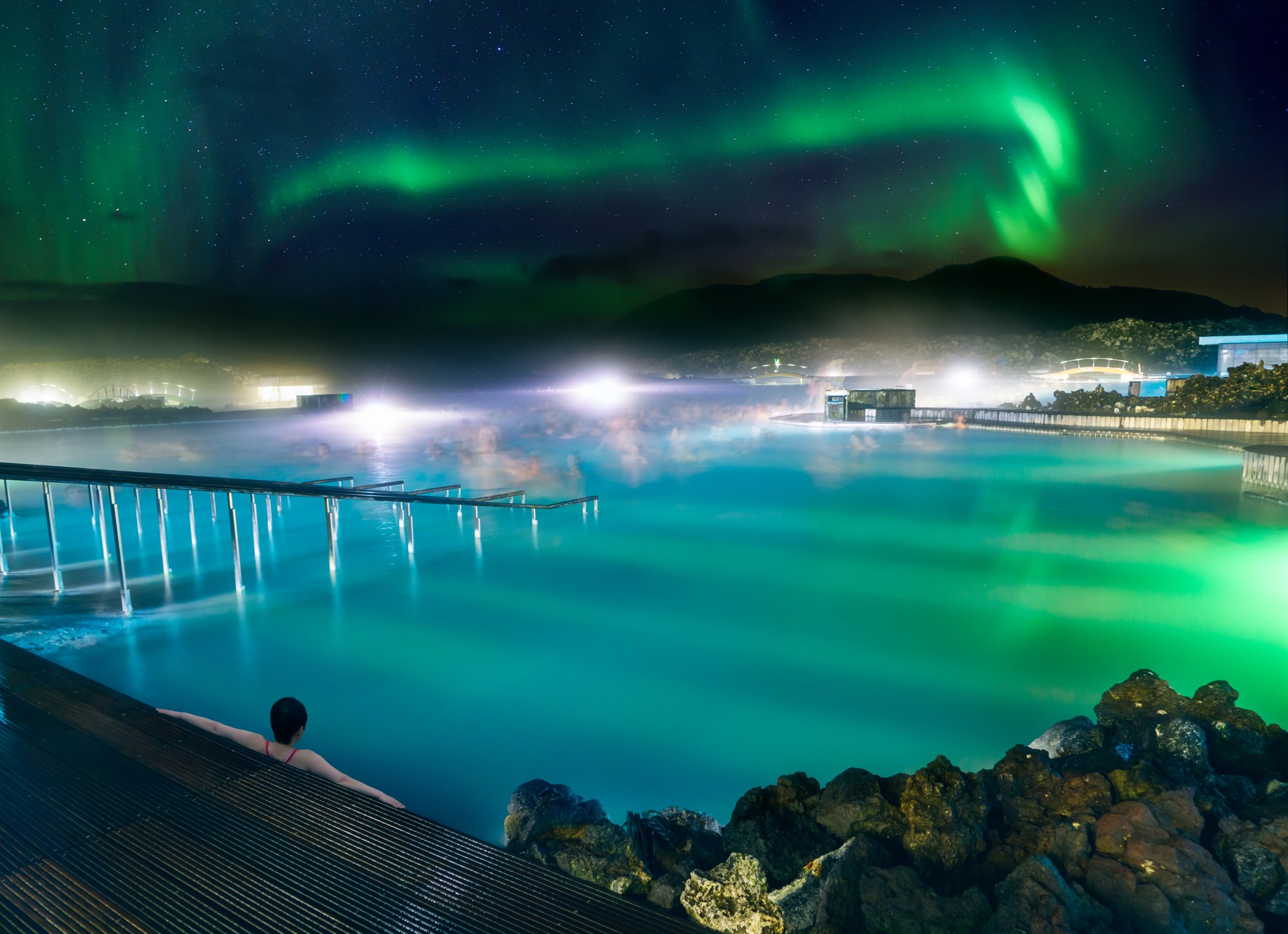 The northern lights over the Blue Lagoon.