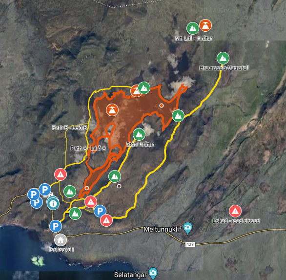 Map of volcano sites at fagradalsfjall, meradalir and Litla hrut vocano.